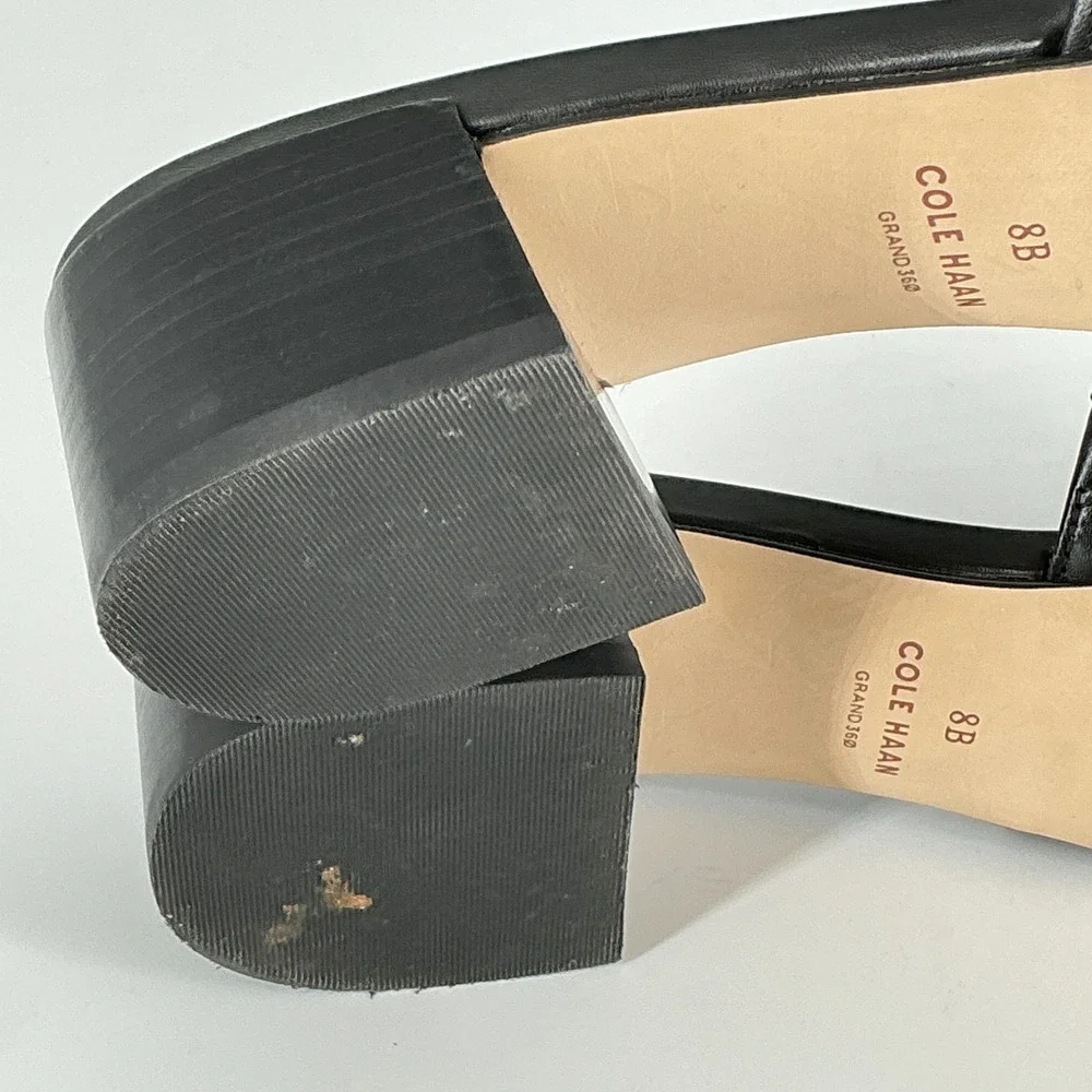 Cole Haan Grand 360 Size 8 Black‎ Leather Knot Slide Sandals Block Heel Womens